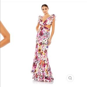Mac Duggal Floral Print Ruffle Shoulder Cut Out